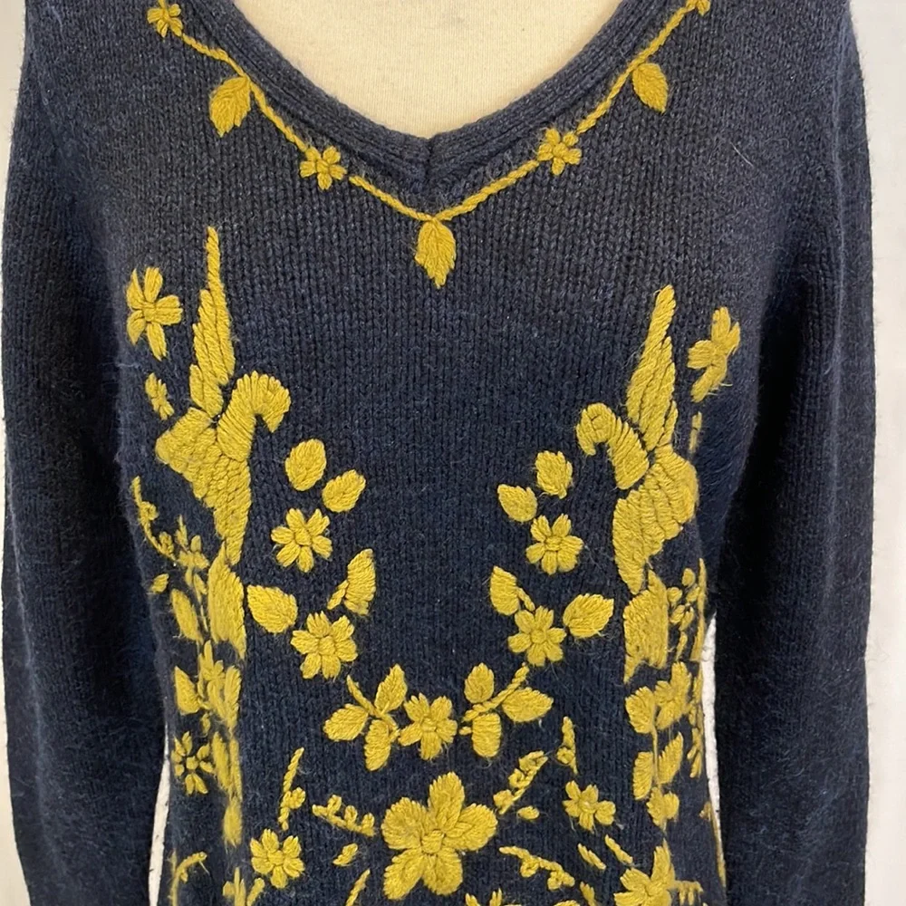 Soft Surroundings Navy Sweater with Gold floral embroidery- large - Picture 2 of 5